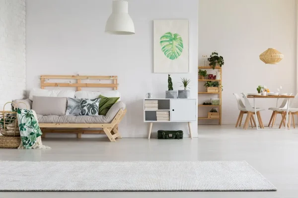 Revalorización de inmuebles Madrid.Imagen de una sala de estar moderna y luminosa con mobiliario minimalista y decoración natural.